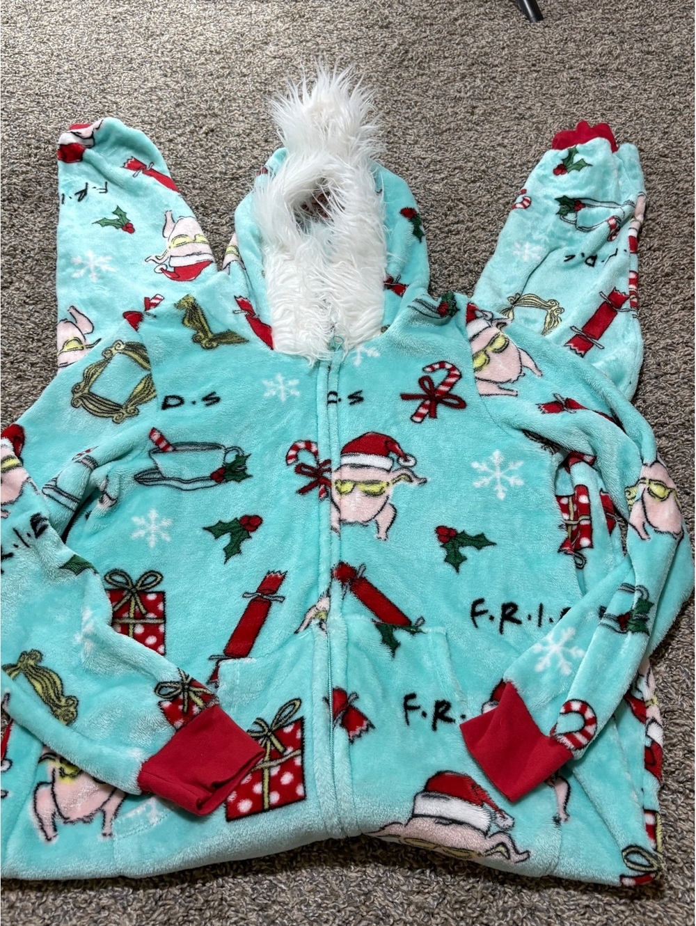 Friends TV Show Holiday Themed Faux Fur Lined Onesie Pajamas Size 6-8